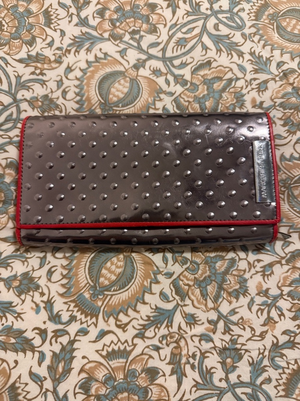 Studded Gray Trifold Wallet with Red Trim